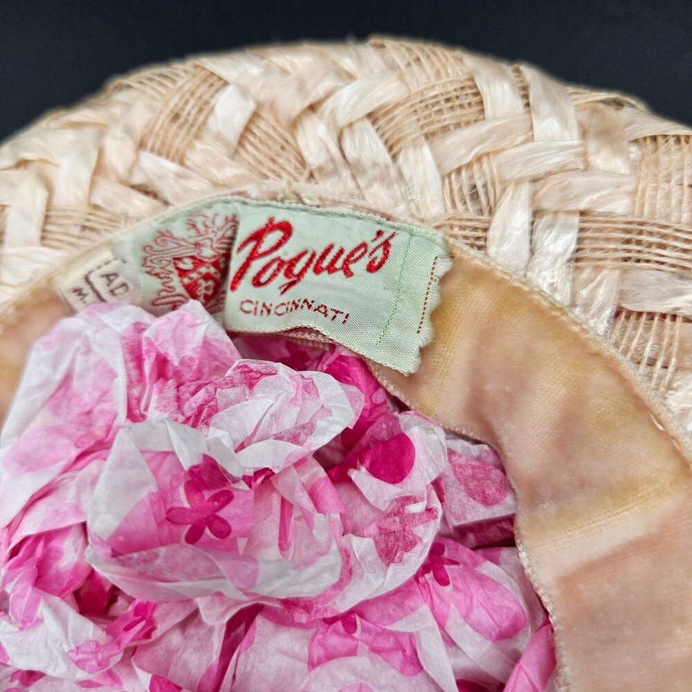 Vintage Pogues Cincinnati Womens Beige Woven Straw Hat With Ribbon & Lace Trim - Picture 4 of 4